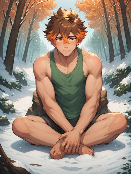 score_9,score_8_up, ad-caio,brown hair,orange eyes, orange hair, two-tone hair,hair between eyes,male focus,<lora:AIDudes-CaioMerge5:0.8>,<lora:xl_more_art-full_v1:0.5>,<lora:add-detail-xl:1>, shy, outdoors,forest, sitting, green tank top,snow,âââ