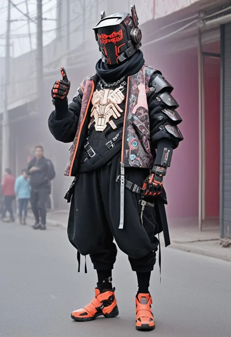 Thumb-up pose, Vibrant colorful niji pastel neon pop art in the style of jimmy-marble, red/black high collar jacket, solo, Female wired-cyborg heavy armored black knight with mech reinforced intricate designed mecha helmet with colorful white and blueish intricate anime girl tattoo, reinforced Military Jacket, knitted high socks, thumb Up, Standing in crowded street, jewelery Made of mechanical parts, tattoo, Abs, portrait, neon eyes, wired-cyborg, looking back, shining teeth, white eyes,