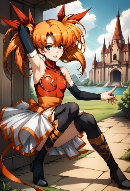 score_9, score_8_up, score_7_up, detailed, intricate details, chromatic aberration, realistic, veins source_anime, kuroinukaguya, , (best quality) , (highly detailed) ,((masterpiece)), ((best quality)), (ultra-detailed), ((extremely detailed)), (high resolution), 4K, (8K), best quality, (beautiful), (dynamic lighting), (super detailed skin), sharp focus, (1_girl, solo focus), score_9,score_8_up,score_7_up,anime coloring BREAK source_anime,anime,
fantasy,1girl,solo,
<lora:tiaris_p_v1.7:1>,tiaris,t_clothes,aqua eyes,shiny hair,orange hair, twin tails, red leotard,detached sleeves,white mini skirt,white knee boots,<lora:Fixhands_anime_bdsqlsz_V1:1>,
looking_at_viewer,
full body,posing,,castle,city,, masterpiece,best quality, very aesthetic, absurdres, ultra detailed, high resolution, 4k, extremely detailed CG,<lora:detail_slider_v4:0.8> , dynamic pose, (arms behind her head), <lora:Esther Rosenthal-000004:0.7>, forest, light rays, grass, forest path, Face Focus, Upper Body detailed eyes、detailed face and detailed skin <lora:add-detail-xl:1.0>