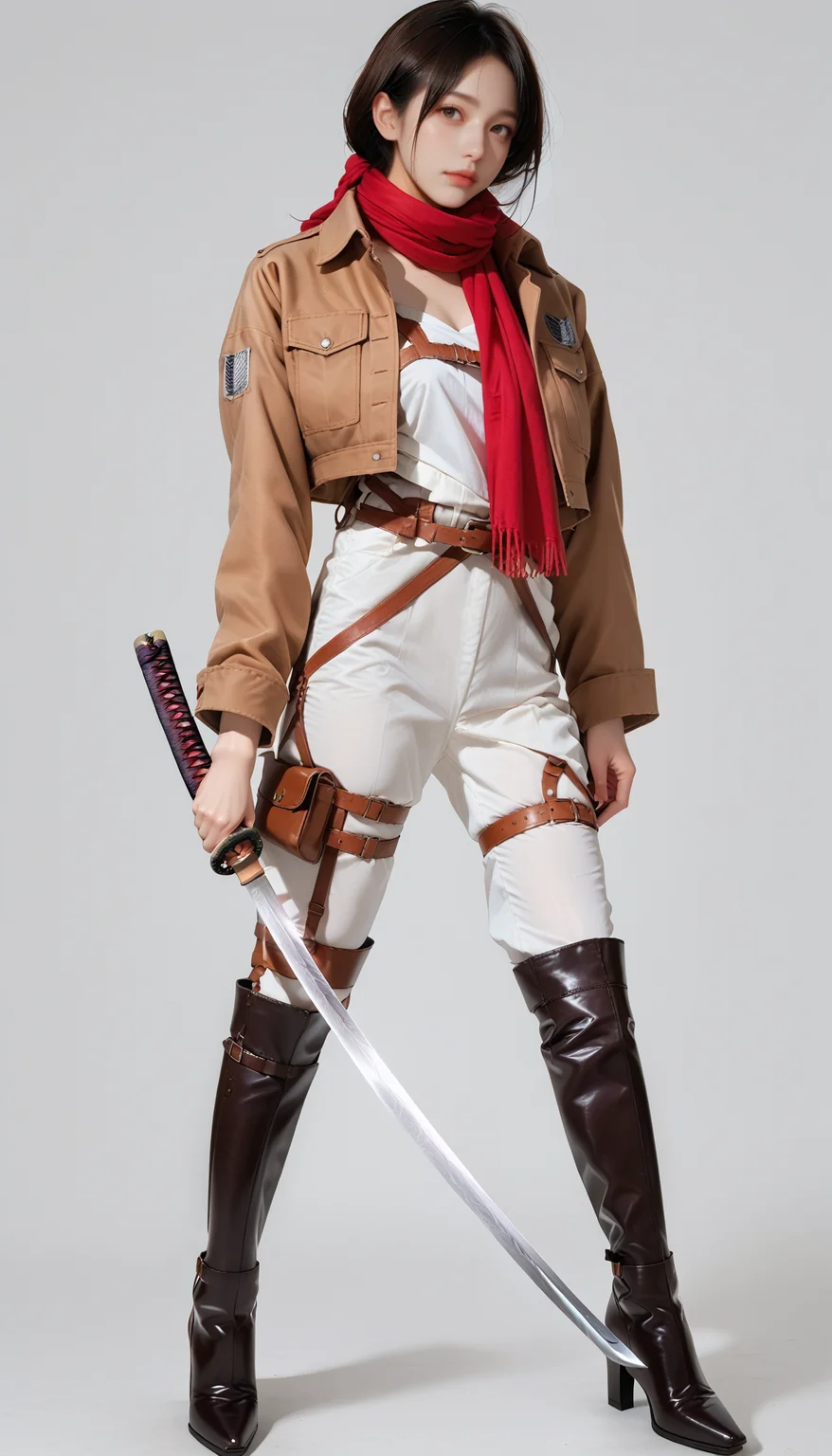 1girl, survey corps \(emblem\), thigh strap, harness, high-heeled boots, cropped jacket, open jacket, brown jacket, white pants, white shirt,full body, stand, belt, red scarf,
score_9, score_8_up, score_7_up, anime, source_anime, simple background,
(long katana, holding katana), <lora:katana:0.9> <lora:mikasa-v_pony:0.7>