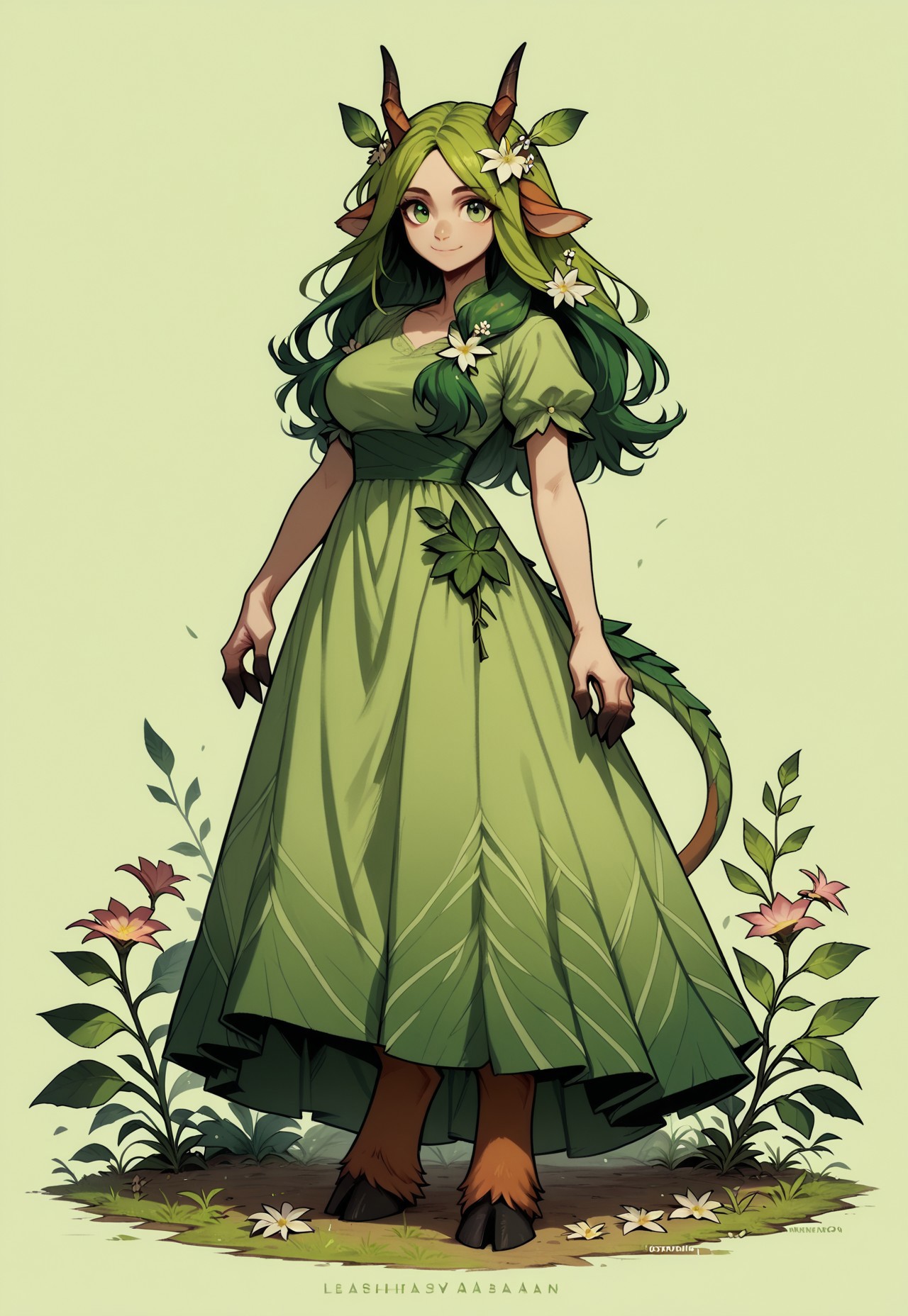 safe_pos, score_9, score_8_up, score_7_up, score_6_up, score_5_up, score_4_up, rating_safe, end_fl4t, solo, 1girl, hooves, horns, flower, green eyes, green hair, hair flower, dress, tail, animal ears, breasts, smile, monster girl, looking at viewer, green dress, long hair, hair ornament, full body, large breasts, closed mouth, leaf, standing, short sleeves, simple background
