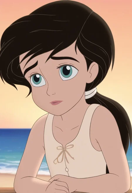 close up,melody,aqua eyes,thick eyebrowns,black hair,ponytail,white hairband,arms down,green undershirt,sleeveless,one sleeve,sea,yellow sunrise beach background