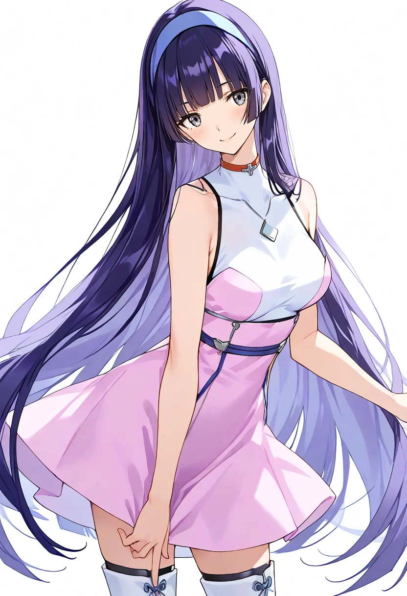 score_9, source_anime,score_8_up, score_7_up,highres, absurdres,
1girl,
<lora:Hyper-SDXL-8steps-lora:1>
<lora:age_slider_v4:2>
<lora:SDXL_gyumi929_p:1>solo 
gyumi, purple hair, blunt bangs, grey eyes, smile, blush, hairband, blue hairband, hime cut, 
long hair, 
looking at viewer, white background, simple background
 looking at viewer, 
 standing, breasts, 
dress, short dress, pink dress,sleeveless, sleeveless dress,  bare shoulders,  thigh boots, white footwear,