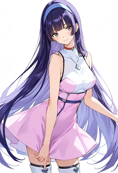 score_9, source_anime,score_8_up, score_7_up,highres, absurdres,
1girl,
<lora:Hyper-SDXL-8steps-lora:1>
<lora:age_slider_v4:2>
<lora:SDXL_gyumi929_p:1>solo
gyumi, purple hair, blunt bangs, grey eyes, smile, blush, hairband, blue hairband, hime cut,
long hair,
looking at viewer, white background, simple background
looking at viewer,
standing, breasts,
dress, short dress, pink dress,sleeveless, sleeveless dress, bare shoulders, thigh boots, white footwear,