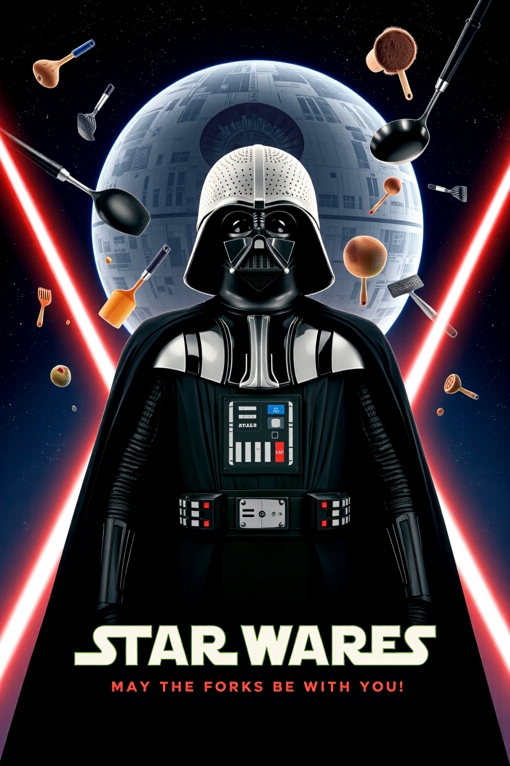 mvpstr with the title:"STAR WARES", cinematic movie poster featuring Darth Vader with a kitchen colander hilariously replacing his iconic helmet. His imposing figure is still dressed in full black armor, but the absurdity of the colander contrasts with his usual menacing presence. Behind him, instead of the Death Star, there's a giant kitchen pot and utensils floating in space. Lightsabers have been replaced with glowing kitchen tools, like spatulas and ladles. The tagline at the bottom reads: "May the Forks Be with You!" in a playful, space-themed font, completing the comedic twist. <lora:schnell_v1.0:1.0> <lora:EpicMoviePoster-000015:0.8>
