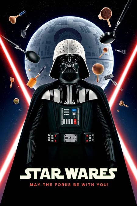 mvpstr with the title:"STAR WARES", cinematic movie poster featuring Darth Vader with a kitchen colander hilariously replacing his iconic helmet. His imposing figure is still dressed in full black armor, but the absurdity of the colander contrasts with his usual menacing presence. Behind him, instead of the Death Star, there's a giant kitchen pot and utensils floating in space. Lightsabers have been replaced with glowing kitchen tools, like spatulas and ladles. The tagline at the bottom reads: "May the Forks Be with You!" in a playful, space-themed font, completing the comedic twist. <lora:schnell_v1.0:1.0> <lora:EpicMoviePoster-000015:0.8>