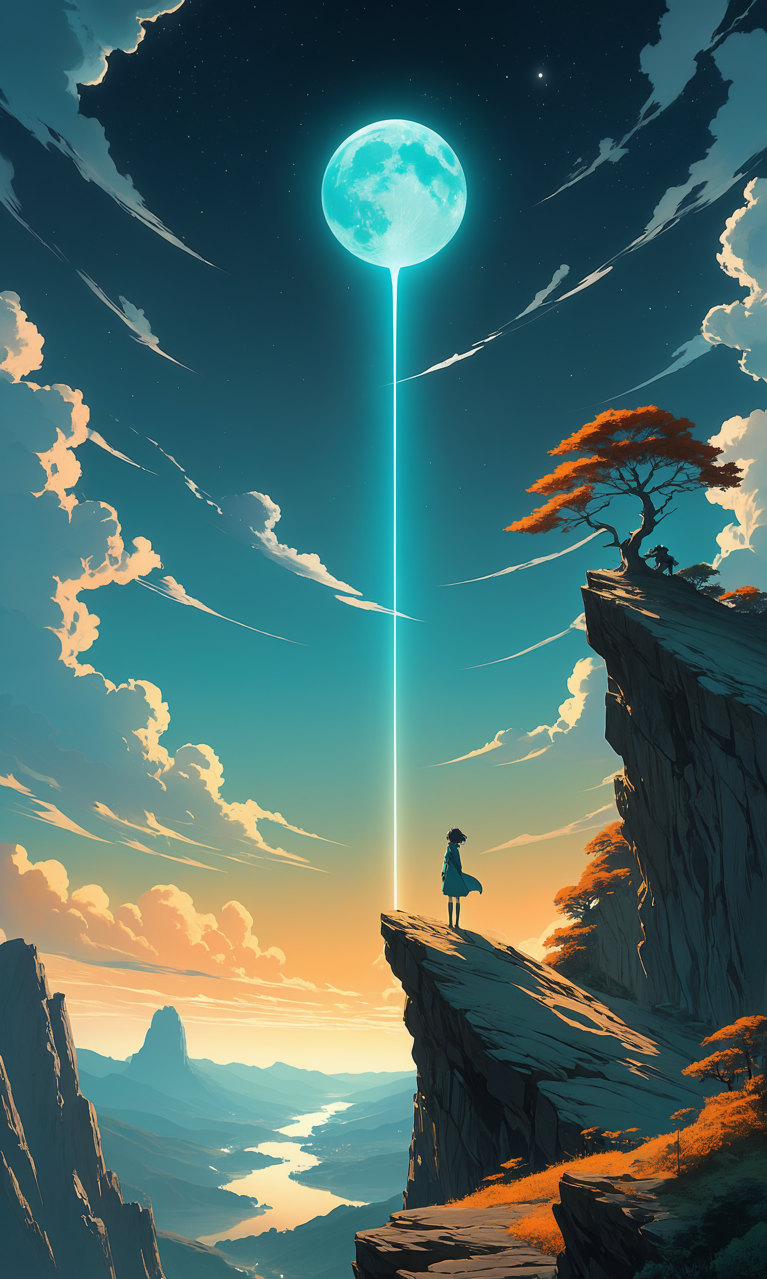 Anime, spectral figure in flowing attire atop a cliff, back to a massive, close moon. The diaphanous clothing billows in an unseen breeze. Muted ochres and umbers in the landscape below contrast the ethereal sky. Low camera angle emphasizes the figure's stature and the steep drop. 
