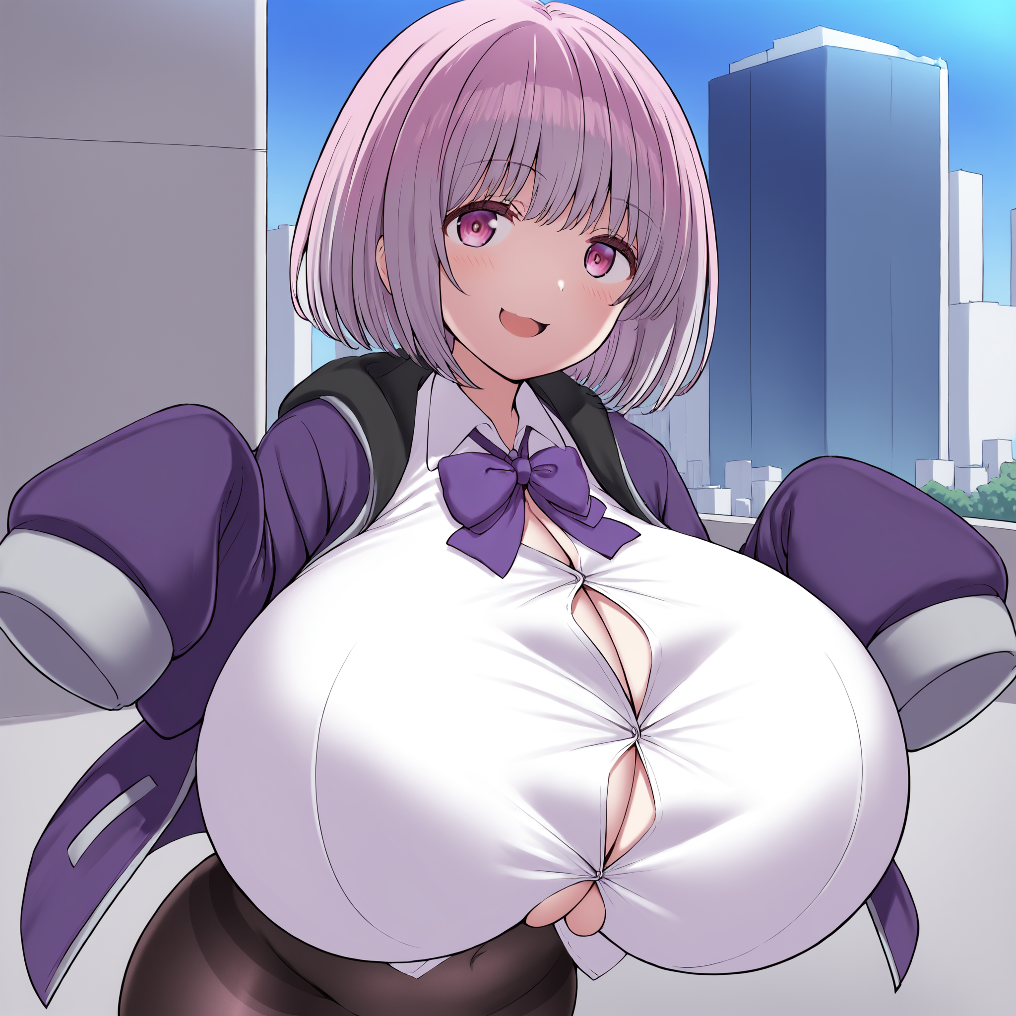 (masterpiece), best quality, (highly detailed), score_9, score_8_up, score_7_up, score_6_up, score_5_up, 1female, <lora:kmsr_0302_style:0.8>, <lora:Akane_Shinjo_SSSS.Gridman_V2:0.85> , KJOakane, short hair, pink hair, pink eyes, black pantyhose, bow, collared shirt, hood, hooded jacket, jacket, open clothes, open jacket, open shirt, pantyhose, purple bow, purple jacket, school uniform, shirt, sleeves past wrists, unbuttoned shirt, white shirt, city, gigantic breasts, smug,