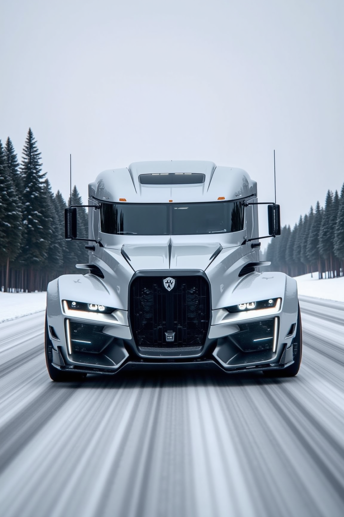 yfg-r1gs a silver semi truck driving down a snowy road
