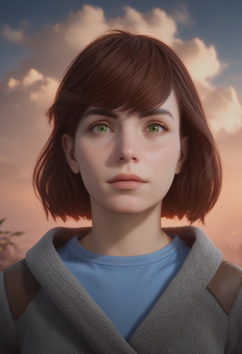 score_9, score_8_up, score_7_up, photo of hrznsbk, 1girl, green eyes, auburn hair, bobcut, grey sweater, blue t-shirt, close-up, face focus, parted lips, petite, outdoors, blue sky, clouds, jungle, red plants, red glowing fog, haze, floating ashes, evil ambience, front lighting, unique angle, unique framing, looking at viewer, parted lips, ((masterpiece))