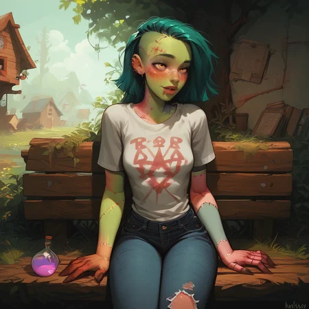 (score_9, score_8_up, score_7_up),1girl, super beautiful, <lora:Zombie_girl_LASCALAE:1>, z0mb13_g1rl_lascalae, green skin, stitches all over body, burn mark, patchwork skin, zPDXL2,<lora:add-detail-xl:1>, arousing face, wearing jeans and t shirt,
kneeling, washing floor, bucket of water, perfect wife,
slice of life, magic potion, wood bench, weeds, wood house, books in shelf, sunny day, perfect light, stitches kit, surgery stuff, warm and cosy atmosphere,
cowboy shot, ultra sharp focus,
<lora:Jabstyle_AMXLV1:1>, jabstyle,