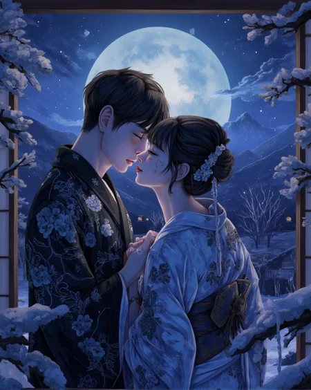 <lora:ck-LttleGhost-000011.safetensors:1> in the style of ck-lttlegh0stA couple shares a tender kiss before a shoji screen under a moonlit night sky. They wear ornate kimonos with intricate floral tattoos, surrounded by snow-covered trees and mountains in a serene winter landscape. The atmosphere is heavy with an otherworldly energy, as if reality has been woven from threads of passion and despair.