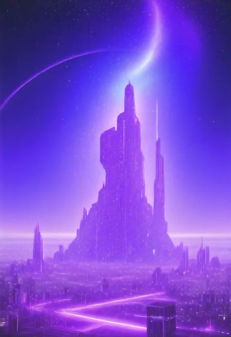 High quiality, high resolution, high definition,
Magical city with skyscrapers, a planet with purple colors and lines that emit white light surrounded by a planet ring, with the view from behind a cat looking towards the city, citybkg, anime style, high ilumination, galaxy sky, calid colours, spacial station