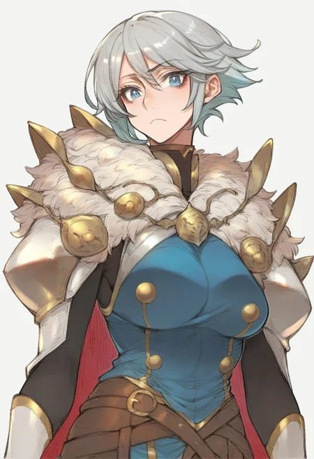 score_9, score_8_up, score_7_up, score_6_up, score_5_up, score_4_up,
kdmstyle, 1girl, solo, looking at viewer, short hair, blue eyes, simple background, gloves, long sleeves, white background, closed mouth, upper body, grey hair, white gloves, cape,
<lora:kdm style v2-000008:0.8>,