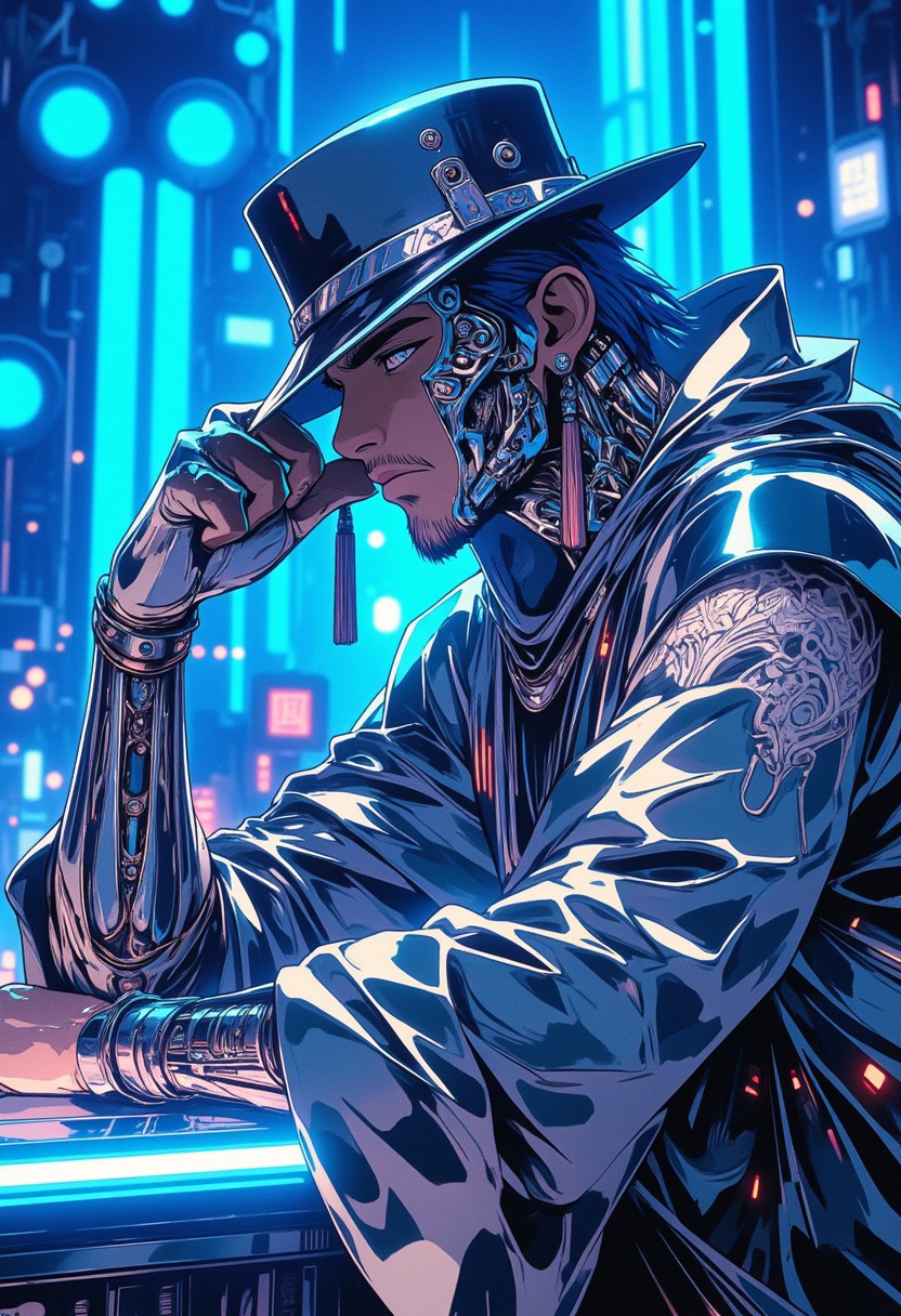 In a hyper-realistic **ne0nfant4sy, niji_flux** vision, the **chrome-clad figure** leans forward, one foot stepping ahead in a stance of quiet readiness. Their right hand grips the brim of the **chrome silver non la**, revealing just a sliver of their face—sharp, angular features accented by **chrome-plated cheekbones and jawline**, giving them a sleek **mechanical-human hybrid** appearance. The **metallic tassels** flow forward, as if caught in motion, partially obscuring the rest of the face beneath the hat, heightening the character's sense of anonymity. The sleeveless **chrome robe**, glossy and reflective, ripples gently in the air, catching vibrant streaks of **neon blue light** from the glowing backdrop. The intricate, **glowing silver tattoo** on the exposed left arm contrasts against the polished chrome surface, its fine details pulsing with an ethereal glow. The figure radiates readiness, their stance poised for imminent action, embodying a fusion of **futuristic technology** and **traditional elegance**, standing out against the surreal neon landscape. <lora:NeonFantasy style FLUX, PonyXL:0.30> <lora:Retro Anime Flux - Style:v1.0:0.40> <lora:Niji FLUX:v1.0:1.00>