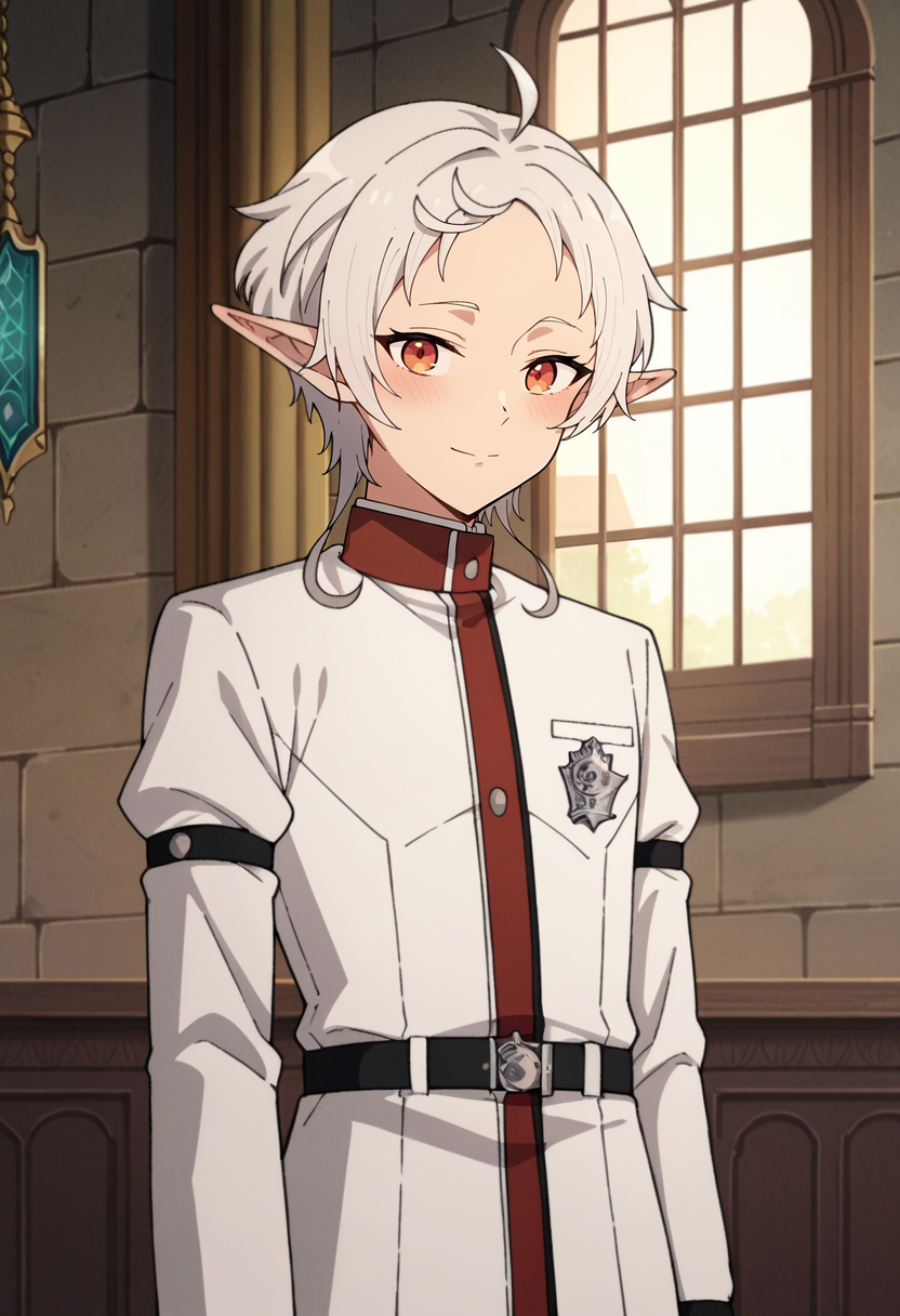 score_4, score_5, score_6, score_9, score_8_up, score_7_up, source_anime,
<lora:MushokuTensei_SylphietteXL:0.8>, Sylphiette,
1girl, closed mouth, light smile, blush, ears down,
white hair, short hair, ahoge, orange eyes, pointy ears,
SylphietteSchoolUniform, white jacket, arm belt, belt,
standing, looking at viewer,
indoors, fantasy, castle, window