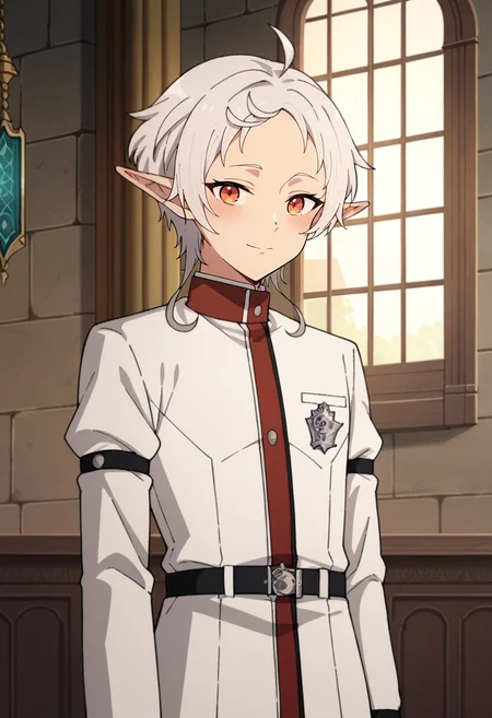 score_4, score_5, score_6, score_9, score_8_up, score_7_up, source_anime,
<lora:MushokuTensei_SylphietteXL:0.8>, Sylphiette,
1girl, closed mouth, light smile, blush, ears down,
white hair, short hair, ahoge, orange eyes, pointy ears,
SylphietteSchoolUniform, white jacket, arm belt, belt,
standing, looking at viewer,
indoors, fantasy, castle, window