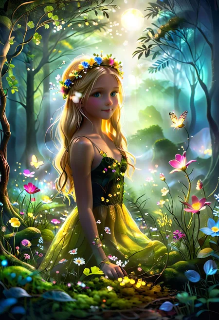 A vibrant and enchanting close up head shot photo of a cute and happy young girl with flowing blonde hair and a flower crown, exploring a misty magical forest on the summer solstice. shallow depth of field, realistic, skin pores, imperfections. She is accompanied by friendly bioluminescent fairies with crystal sparkling wings, fireflies and woodland creatures, with the sun setting in the background, casting a golden glow over the scene. The lush greenery and colorful white flowers make the image lively and captivating, perfect for celebrating a summer birthday. Extremely detailed, intricate, whimsical, magical, alcohol inks