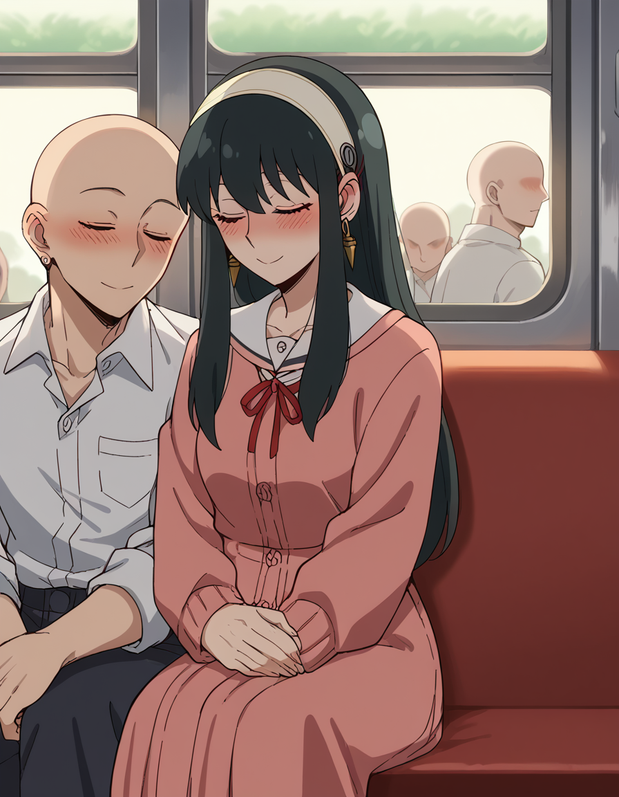 score_9, score_8_up, score_7_up, source_anime, <lora:yor-briar-s1-ponyxl-lora-nochekaiser:1>, yor briar, black hair, earrings, white hairband, hairband, long hair, sidelocks, medium breasts,, <lora:leaning-on-person-side-by-side-ponyxl-lora-nochekaiser:1>, leaning on person side-by-side, sitting, hetero, sleeping, couple, train interior, leaning on person, school uniform, faceless male, bald, faceless, smile, blush, closed eyes,,