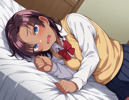 score_9, score_8_up, score_7_up, source_anime,
saehinata, <lora:sae-hinata-ponyxl-lora-nochekaiser:1>
sae hinata, blue eyes, purple hair, dark skin, dark-skinned female,
shirt, bow, school uniform, white shirt, collared shirt, bowtie, red bow, sweater vest, brown sweater,
indoors, bed, bed room, on side, blush, drunk,
looking at viewer, dutch angle, cowboy shot,