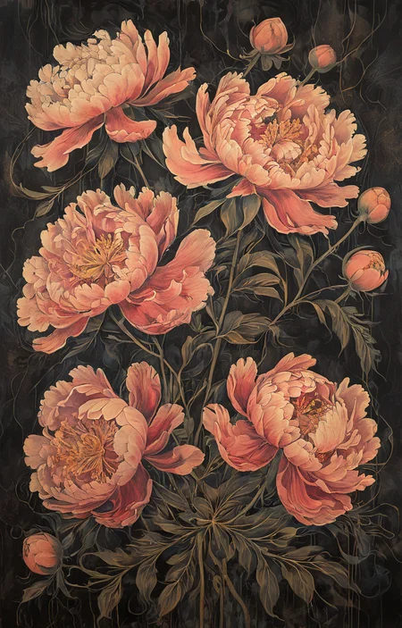 masterpiece,best quality,<lora:tbh36-sdxl:0.9>,illustration, decaying peonies