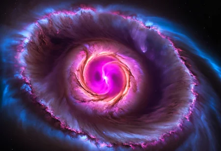 a dynamic and breathtaking image of the universe with vibrant colors and dramatic lighting. Show a swirling nebula in the foreground with bright, intense hues of blue, purple, and pink. In the background, depict a distant galaxy with spiraling arms and scattered stars. Include a supernova explosion, radiating brilliant light, and a mesmerizing black hole at the center, with cosmic debris swirling around it. Add a hint of distant planets and asteroids to create a sense of scale and depth. Make the entire scene feel alive and constantly in motion.
