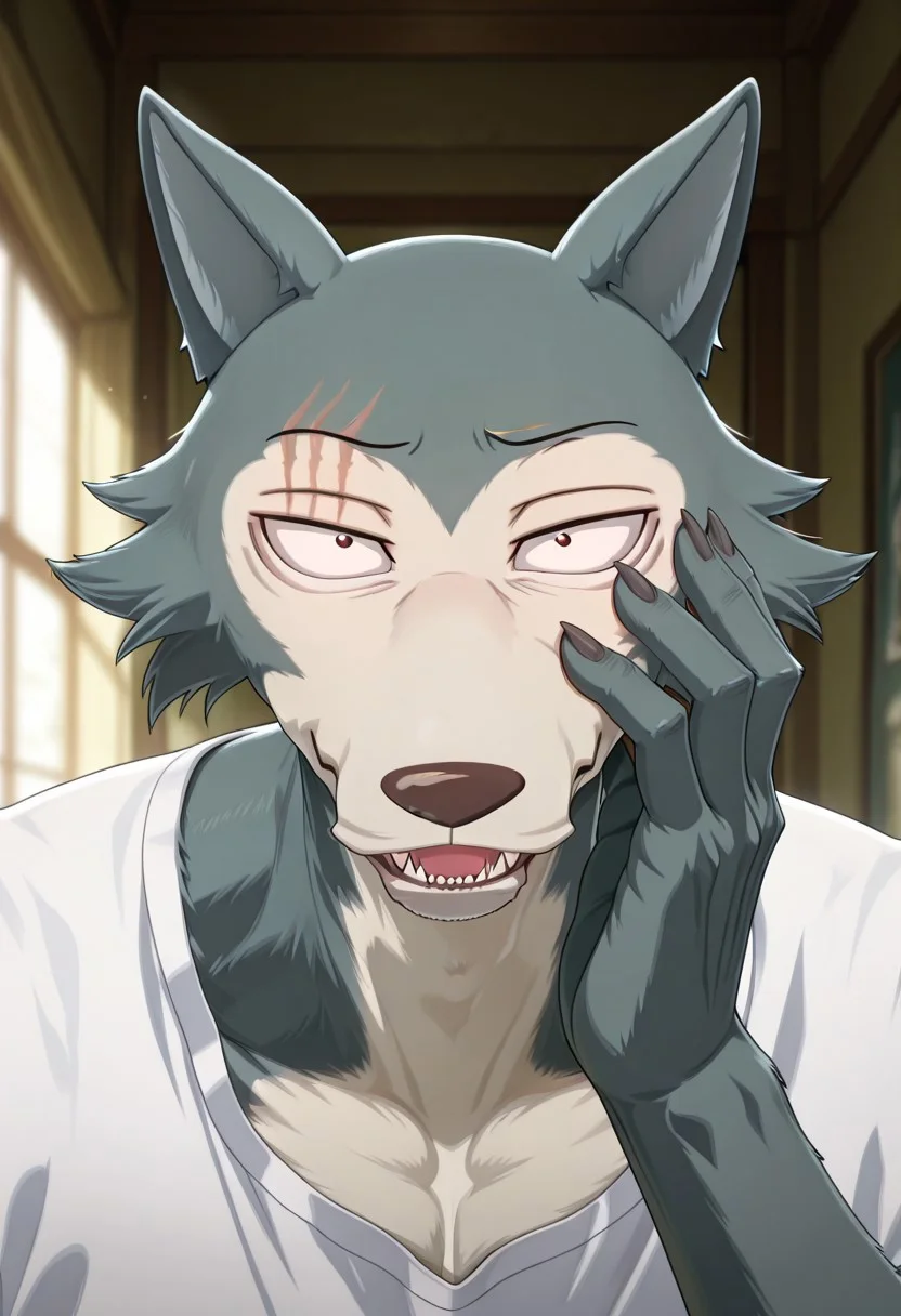 masterpiece, best quality, amazing quality,
Legoshi, anthro, wolf, beastars, scar on right brow, mature male, animal ears, grayish blue fur, brown eyes, smug expression, upper eyelid half closed, smug, sharp teeths, sharp fangs,
blurry background, volumetric lighting, smug grin, open eyes, 1boy, solo, male focus, mature male, looking at viewer, simple background, evil grin, head focus, portrait, detailed head, broad shoulders, muscle chest, white shirt, smug head, a hand on his face
