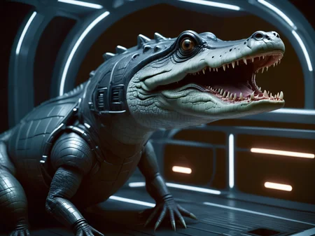 bbuk_style <lora:PureDarkness_RetroSciFi-000060:0.9> close up of a synthetic artificial biomechanical crocodile posing for a picture while beign locked in a metal cage with (laser bars), spacestation basement, darkness