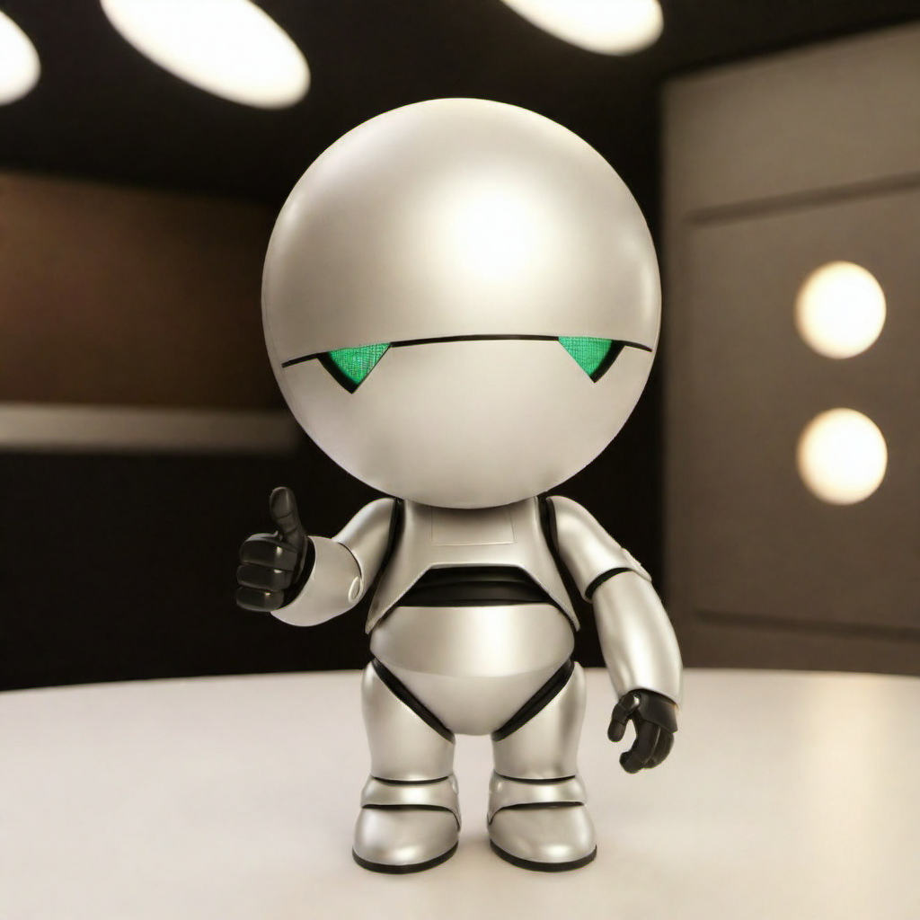 Marvin1024, a depressed robot, thumbs up, in a spaceship, features intricate detail, detailed eyes, highly detailed, photography, ultra sharp, film, bokeh, professional, 4k   <lora:lcm_lora_sdxl:1> <lora:add-detail-xl:2> <lora:Marvin1024:0.6>