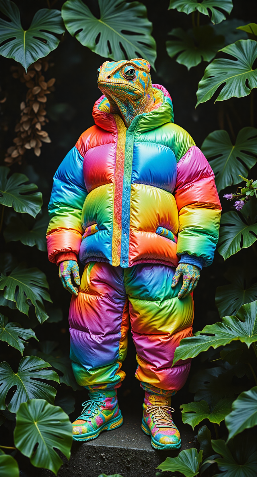 A full-body anthropomorphic chameleon in a balenciaga-inspired chameleon-inspired puffy clothes that shifts in rainbow gradients, blending detailed background with lush tropical foliage. Bright colors.
Plenty plants leafs creating foreground deep framing.
Fashion editorial style, 8k resolution, HDR, cinematic lighting, ultra-detailed textures. 
Emphasis on vibrant jungle colors, morphing patterns, and a boldly futuristic aesthetic.