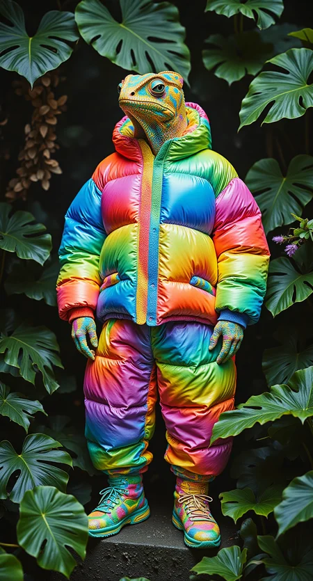 A full-body anthropomorphic chameleon in a balenciaga-inspired chameleon-inspired puffy clothes that shifts in rainbow gradients, blending detailed background with lush tropical foliage. Bright colors.
Plenty plants leafs creating foreground deep framing.
Fashion editorial style, 8k resolution, HDR, cinematic lighting, ultra-detailed textures. 
Emphasis on vibrant jungle colors, morphing patterns, and a boldly futuristic aesthetic.