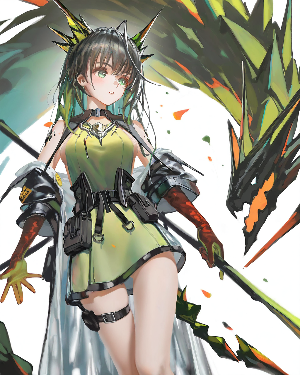 masterpiece,best quality,[[artist:wlop]],[ningen_mame],[ciloranko],[sho_(sho_lwlw)],,<lora:mon3tr_(arknights)_ill:1>,1girl, character: mon3tr (arknights), solo, white background, simple background, parted lips, large breasts, breasts, thigh strap, thigh belt, green coat, dress, coat, green dress, belt, personification