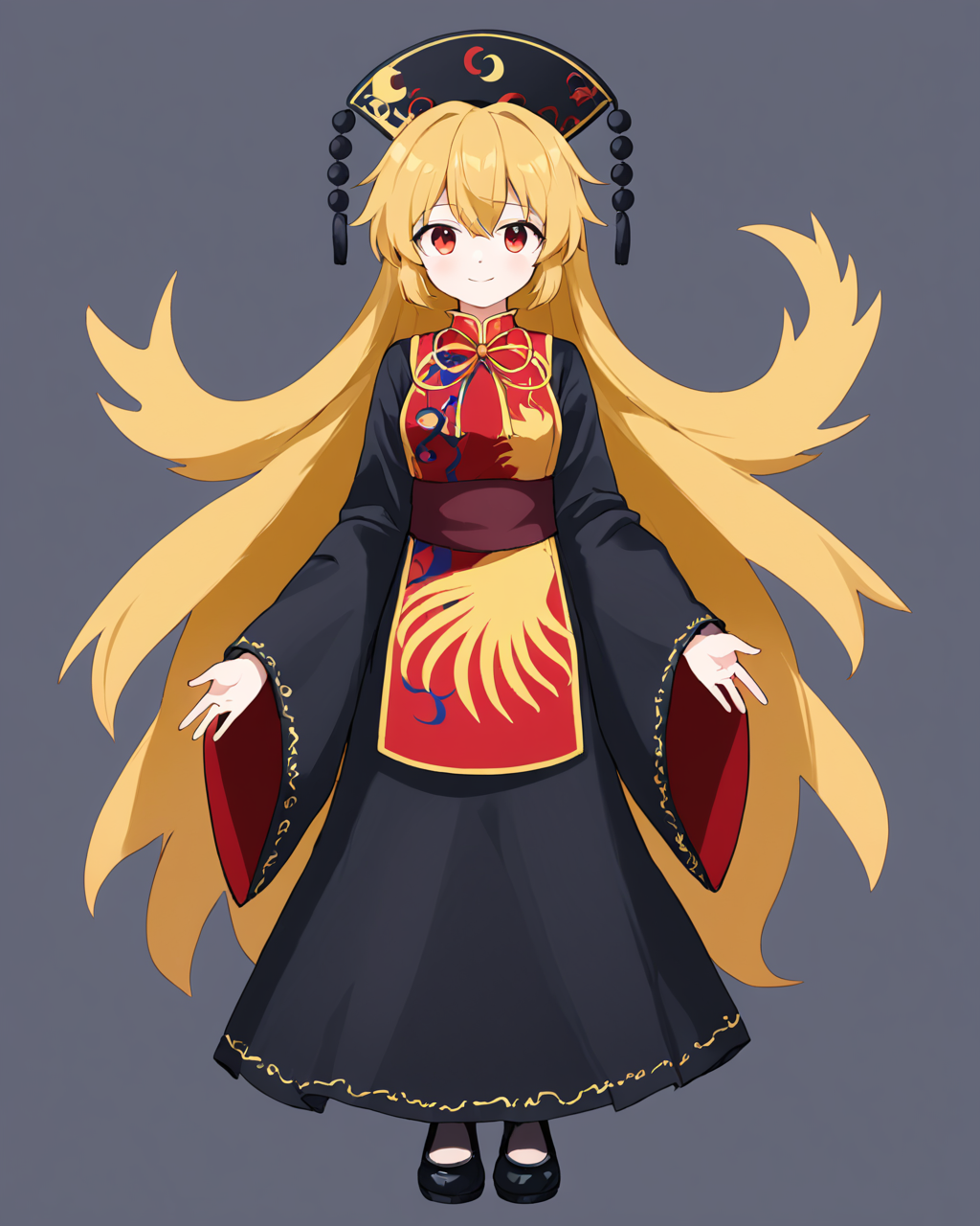 junko \(touhou\),1girl, solo, pom_pom_\(clothes\), wide_sleeves, smile, long_sleeves, red_vest, black_dress, tabard, crescent, black_headwear, closed_mouth, phoenix_crown, hat, looking_at_viewer, chinese_clothes, standing, own_hands_together, yellow_bowtie, black_footwear, full_body, belt, grey_background, simple_background, medium_breasts, white_background, pantyhose, moon, shoes
<lora:junko_(touhou)_image6079_2023-12-20-000007:1>,star-shaped_pupils,symbol-shaped_pupils,. gorgeous,key visual, vibrant, studio anime,award-winning, professional, highly detailed,high budget, cinemascope