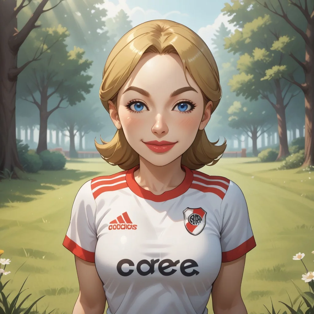 score_9, score_8, BREAK, solo, mii, wii, wii sports, female mii, 1girl, cute, blonde hair, dark blonde eyebrows, white skin, blue eyes, big lips, blush, RiverPlate, striped shirt, striped, shirt, white shirt, short sleeves, clothes writing, sportswear, soccer uniform, Julie_(\Wii_Sports\), Nintendo Mii, modern_mii, classic_mii, breasts, adult female, mature female, sexy pose, self portrait, smile, outdoors, sunlight, shadows, evening lighting, natural lighting, forest, trees, grass, orange sky, sunset