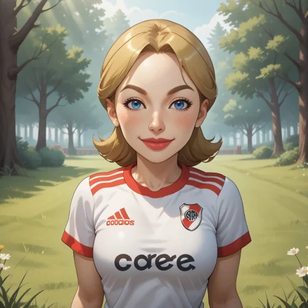 score_9, score_8, BREAK, solo, mii, wii, wii sports, female mii, 1girl, cute, blonde hair, dark blonde eyebrows, white skin, blue eyes, big lips, blush, RiverPlate, striped shirt, striped, shirt, white shirt, short sleeves, clothes writing, sportswear, soccer uniform, Julie_(\Wii_Sports\), Nintendo Mii, modern_mii, classic_mii, breasts, adult female, mature female, sexy pose, self portrait, smile, outdoors, sunlight, shadows, evening lighting, natural lighting, forest, trees, grass, orange sky, sunset