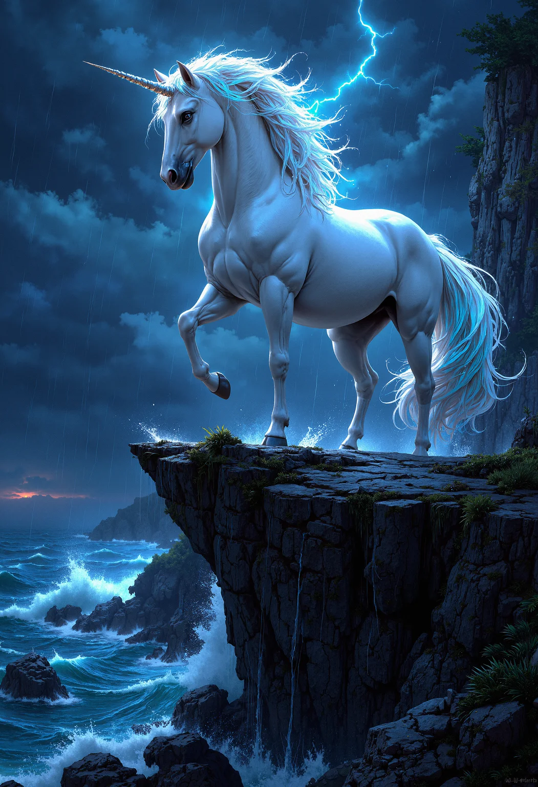 A majestic unicorn standing on a cliff's edge during a stormy night. The unicorn has a glowing, spiraled horn and a flowing mane that glows with an ethereal light, blending shades of silver and blue. Its white coat is sleek and shines with a faint luminescence. The cliff is rugged, with jagged rocks and sparse, windblown vegetation. Below, the ocean waves crash violently against the rocks, sending sprays of water into the air. Dark clouds fill the sky, illuminated by occasional flashes of lightning, creating a dramatic and intense atmosphere. The lighting highlights the unicorn's mystical presence amidst the storm, with rain softly falling around, creating a surreal and powerful scene. <lora:FluxMythP0rtr4itStyle:0.8> MythP0rt, <lora:aidmaImageUpgrader-FLUX-V0.1:0.33> detailmaximizer, <lora:aidmaMJ6.1-FLUX-V0.1:0.6> midjourneyv6.1,