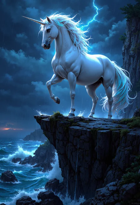 A majestic unicorn standing on a cliff's edge during a stormy night. The unicorn has a glowing, spiraled horn and a flowing mane that glows with an ethereal light, blending shades of silver and blue. Its white coat is sleek and shines with a faint luminescence. The cliff is rugged, with jagged rocks and sparse, windblown vegetation. Below, the ocean waves crash violently against the rocks, sending sprays of water into the air. Dark clouds fill the sky, illuminated by occasional flashes of lightning, creating a dramatic and intense atmosphere. The lighting highlights the unicorn's mystical presence amidst the storm, with rain softly falling around, creating a surreal and powerful scene. <lora:FluxMythP0rtr4itStyle:0.8> MythP0rt, <lora:aidmaImageUpgrader-FLUX-V0.1:0.33> detailmaximizer, <lora:aidmaMJ6.1-FLUX-V0.1:0.6> midjourneyv6.1,