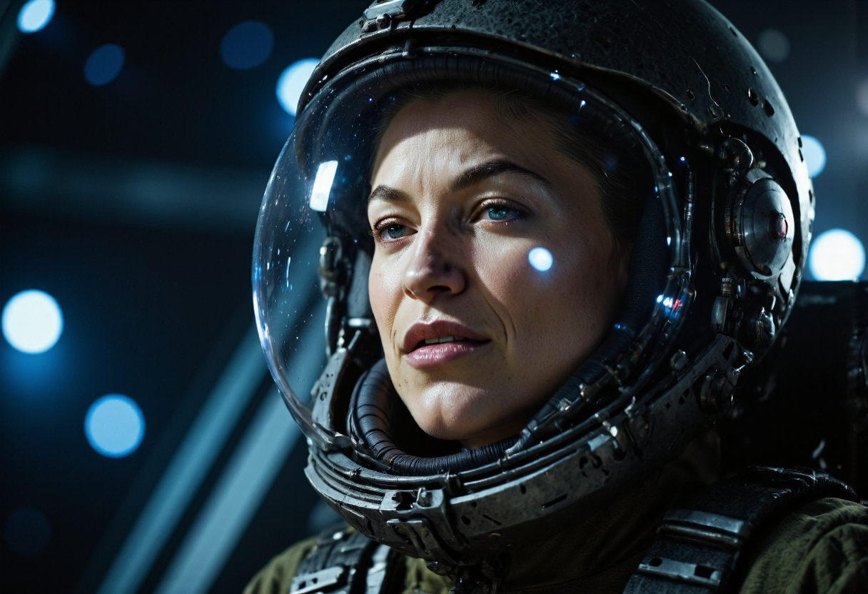 ckspaceship
An environmental portrait depicts a view of the pilot of a single-pilot attack spacecraft in deep space as it completes a high-gee thrust maneuver toward a distant armed engagement.  The perspective is from within the cockpit.

horciafoxx
The pilot is blond woman with pale skin whose identity is just discernible through a transparent faceplate on a form-fitting flight suit.  The pilot is cradled by padded bucket seating to accommodate the near fatal stress of maneuvering the ship.  The pilot's face is illuminated by dim rembrandt lighting originating from within her helmet.

The pilot's expression is one of pain and determination.