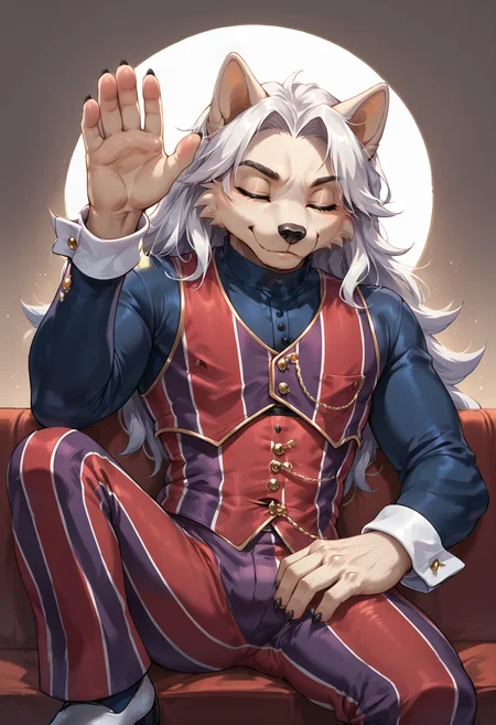 score_9, score_8_up, sonic \(series\), <lora:SILENCIO_V2:0.5>, rating_safe, sitting, hand up, leaning on back, from below, 1boy, solo, anthro wolf, white hair, white body fur, long hair, closed eyes, <lora:Robbie_Rotten_outfit:0.7>, Robbie Rotten outfit, long sleeves, striped, pants, vest, vertical stripes, pinstripe pattern, striped pants, black shoes, wrist cuffs