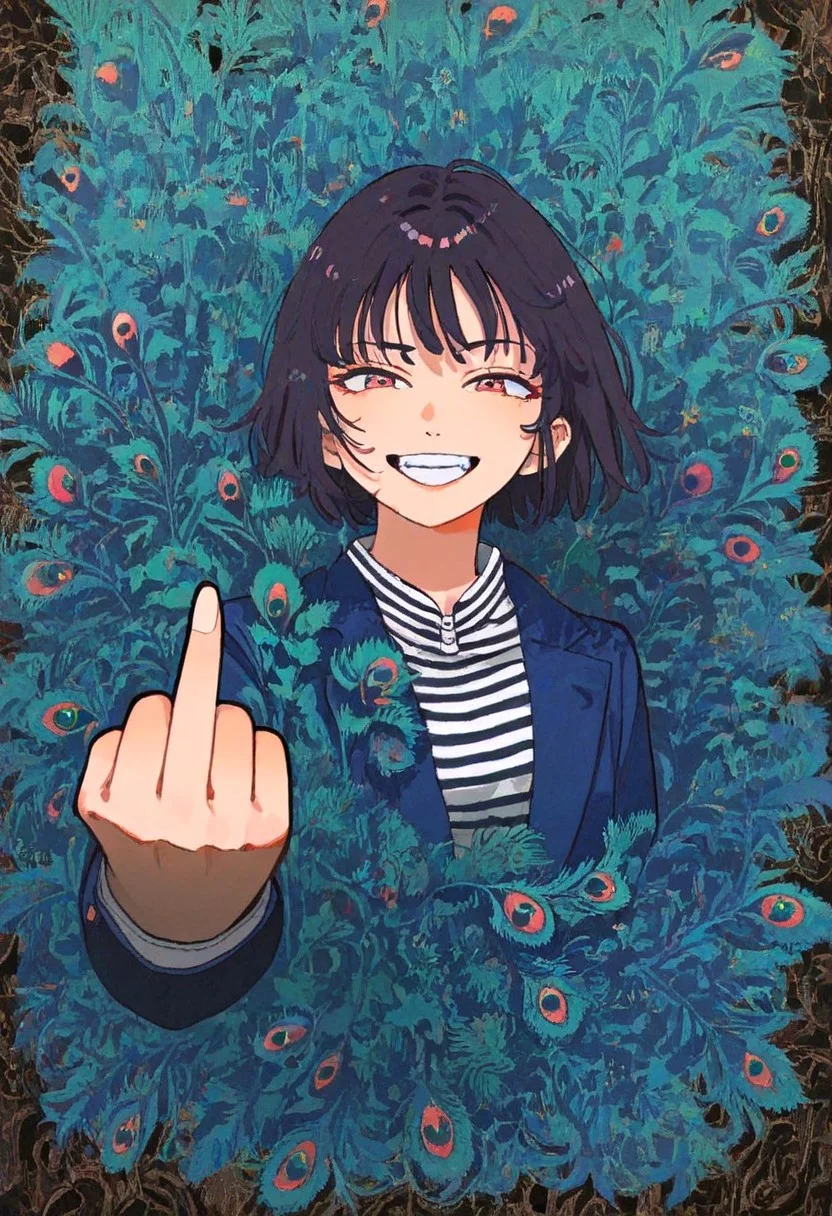 1girl, solo grinning, (middle finger:1.2),( foreshortening:1.2), intricate detail, BREAK  le parc, abstract background,too many feathers, peacock feathers,  petals,geometric,stripes, geometric background,, masterpiece, newest,absurdres,very awa,4ki4k4ne_illu, [artist:kafun],, [artist:(buchi \(qooo003\)]