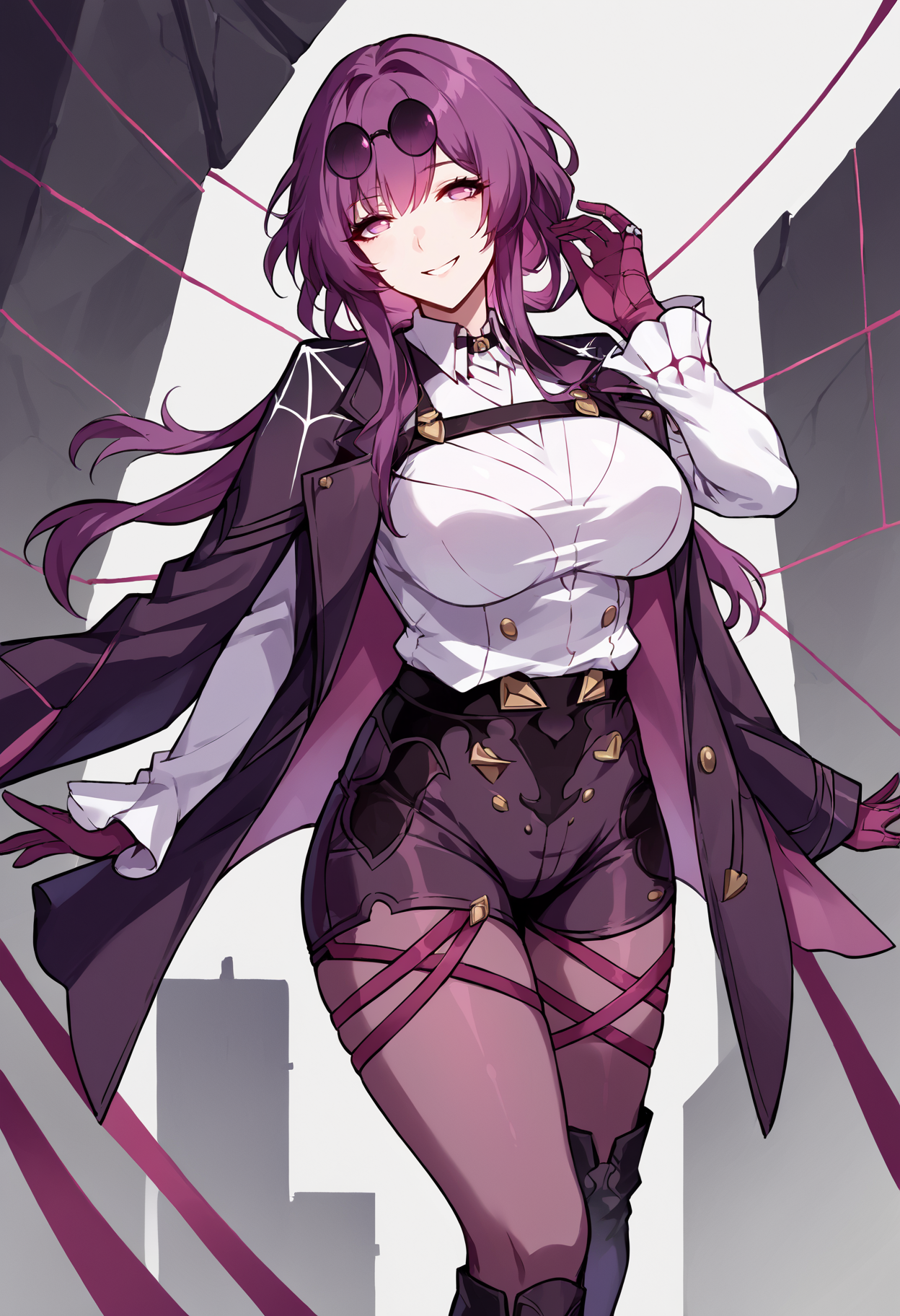 score_9, score_8_up, score_7_up, source_anime, 1girl, mlkfk, eyewear on head, jacket on shoulders, long hair, pince-nez, purple hair, round eyewear, sunglasses, white shirt, double breasted, high, asymmetrical gloves, spider web print, high heel boots, knee boots, pantyhose under shorts, purple pantyhose,  <lora:Kafka-pdxl-1:1>, mature female, smile, cowboy shot,