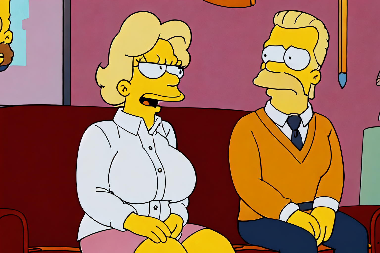 (a woman with blonde hair, with big breasts looking at a man with a suit) sitting in a couch in the living room, EdobSimpsons <lora:EdobSimpsons_v1.0:1>