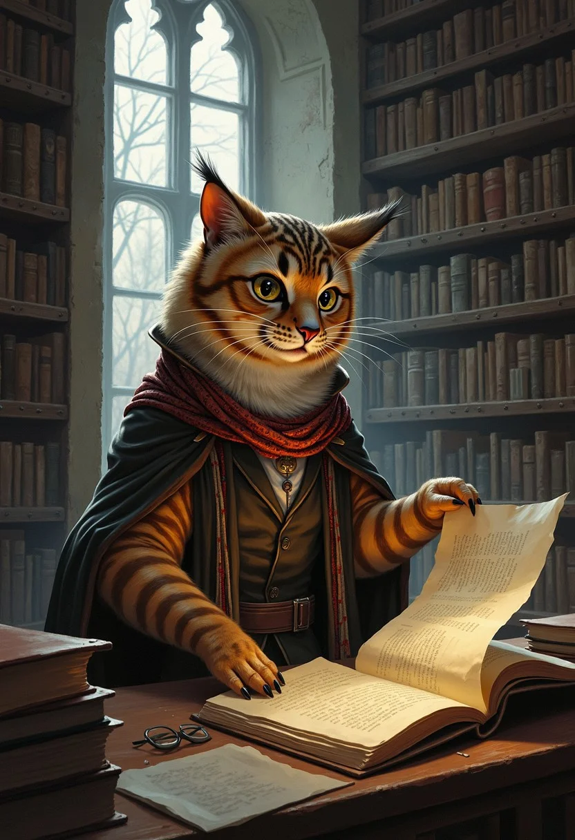 An atmospheric painting of an anthro cat owl hybrid papermancer in an ancient library, manipulating the books and papers like Yomiko Readman in the manga Read Or Die.