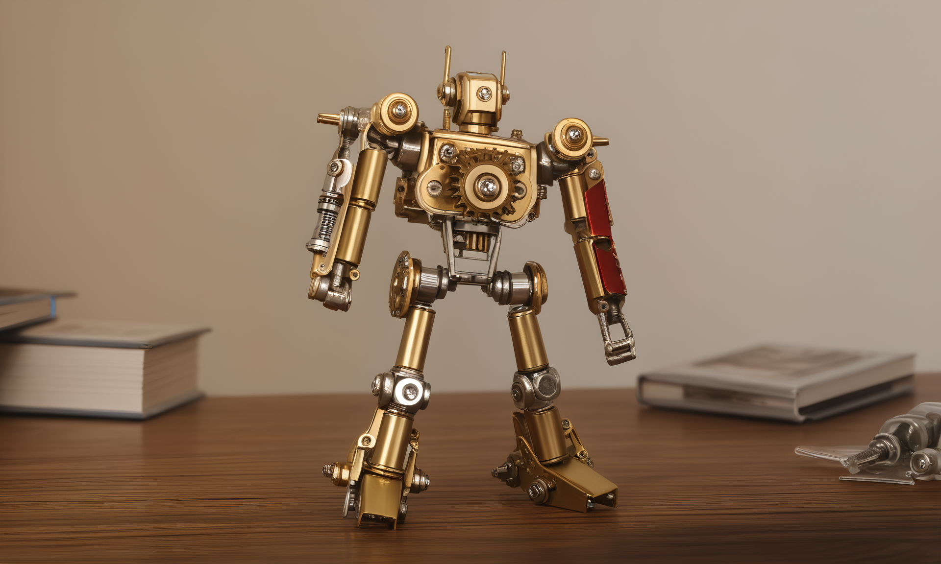 <lora:vintagemechcd_xl-000012:0.8>,a simple-structured mecha robot sculpture with nut and bolt made of vintagemechcd_xl standing on wooden table,desktop ornament,detailed,hi-res photo,battletech,humanoid robot,red and gold theme,solo,no humans,close-up,microspur,indoors,living room,simple background, emotional,harmonious,high budget,moody,epic,gorgeous,perfect lighting,realistic,photorealistic,photographic,photo (medium),real,moody lighting,volumetric lighting,reality ray tracing,8K,HDR,UHD,masterpiece,best quality,highly detailed,high resolution,finely detail,extremely detailed,ultra detailed,wallpaper