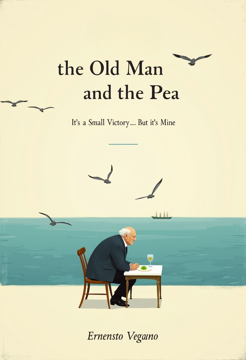 "A minimalist cover showing a lone old man sitting at a small table, staring at a single pea on his plate, with the ocean in the background. Seagulls fly overhead, and a distant ship can be seen. The tagline says, 'It’s a Small Victory... But It’s Mine,' with the title The Old Man and the Pea in Hemingway-esque bold, traditional font. Cover art by Ernesto Vegano, a painter known for tiny, food-focused landscapes."