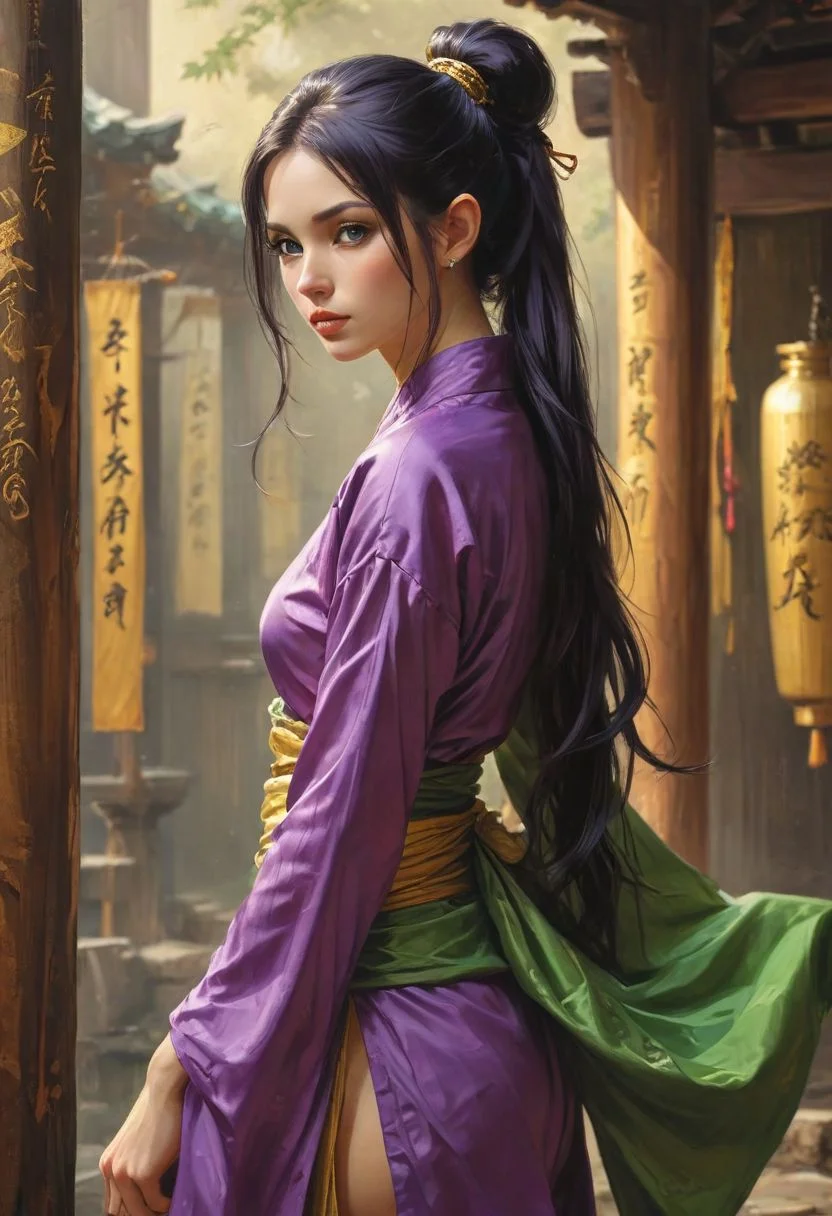 Elf Martialists, very long ears, very long pony tail, style of Karol Bak, Adam Hughes, Boris Vallejo, Julie Bell, Norman Rockwell, 
{
1woman,
25 year old, 
Vanellope
(Pointy Ears:1.3),
Purple hair,
(Green eyes,:1.3)
Makeup,
Big Round Eyes,
Fake Eyelashes,
fleshy big lips,
}
(ponytail:1.2), (Very long ponytail:1.1), flat chest, very small breasts,  small waist, small ass, small hips, thin legs(skinny:1.1), (long legs,:1.1) (slender body:1.1), 
(japanese dojo, Buddhist temple, shinto shrine, interior background:1.1)
shaolin clothes, purple clothes, loose silk robes, wide sleeves, tied at waste, side split, gold trim