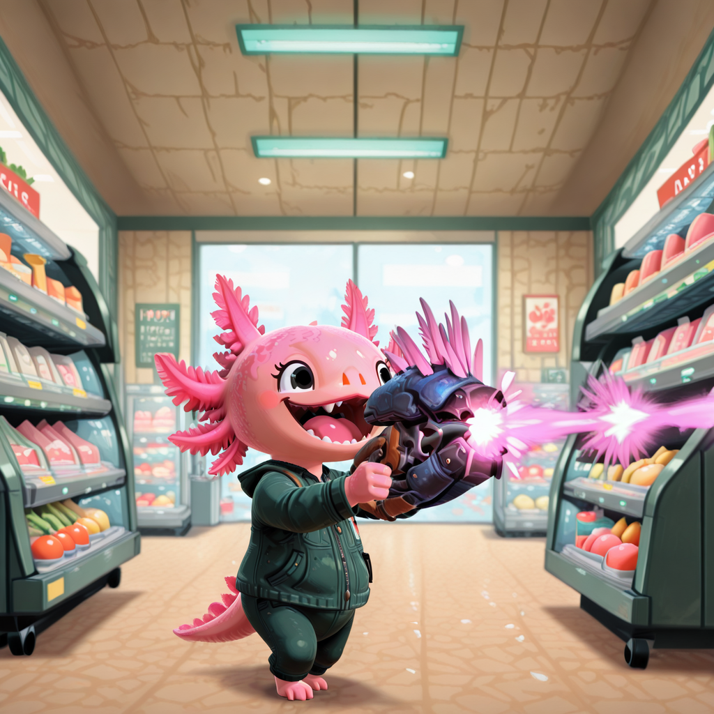 masterpiece, best quality, amazing quality, very aesthetic, absurdres, newest, animal crossing style, 3d, laughing, axolotl, needler_\(weapon\), firing, solo, indoors, grocery store,<lora:needler_v2.safetensors:1.0:1.0> <lora:animal crossing style_3d_ill.safetensors:1:1> <lora:axolotl_ill_v2.safetensors:1:1>