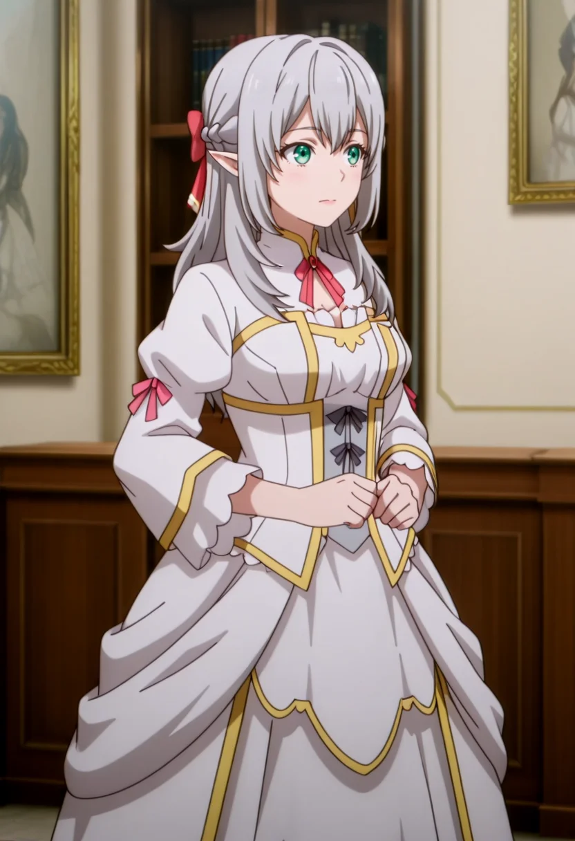 masterpiece,high quality,highres,absurdres,(,,<lora:Young Tessia_IL:0.8>,,,Young Tessia,1girl,gray hair,pointed ears,elf,green eyes,<lora:empress_outfit1:1>,empress_outfit1,masterpiece,best quality,ultra-detailed,(pure white dress:1.3),(gold embroidery:1.2),(pink ribbon accents:1.1),corset-style bodice,lace-up detail,puffed sleeves with gold trim,multi-layered skirt with ruffled hem,soft glowing fabric,volumetric lighting,intricate textures,(high-resolution:1.2),dynamic shading )fireplace warmth crackling in a hidden mountain lodge, a huntress resting with her bow at her side.,