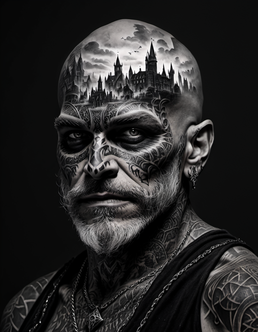double exposure, black and white pencil sketch extreme side closeup of a wizards face with black tattoos, mountains,  black background