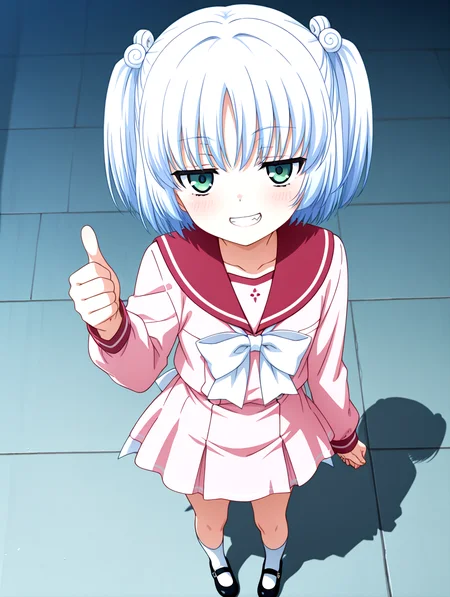 <lora:il-ruri-tenshin-ruschool:1>,il-ruri-tenshin,solo,ruschool outfit,1girl,blue white hair,short hair,white bow,twintails,white small spiral hair ornament with hair_tie,green eyes,pink serafuku dress,school uniform,red sailor collar,pink pleat skirt dress,socks,black mary janes,long wavy ribbon on dress,
jitome,smile,thumbs up,grin,fang,doyagao,blush,looking at viewer,from above,
masterpiece,best quality,newest,absurdres,highres,detailed eyes,beautiful,detailed background,perfect eyes,anime coloring,anime screencap,
<lora:add-detail-xl:1>,<lora:ponyv4_noob1_2_adamW-000017:0.8>,wear clothes,